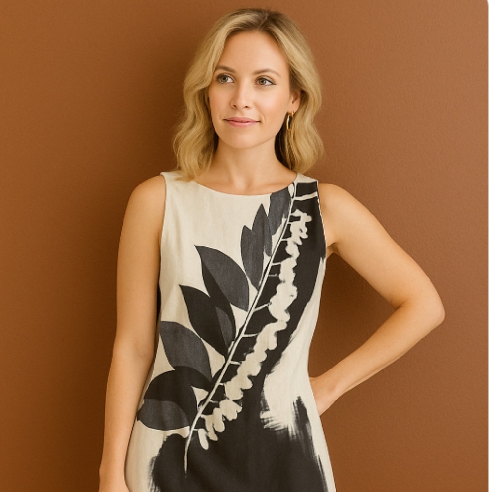Thoia Black & White Abstract Leaf Print Sleeveless Dress